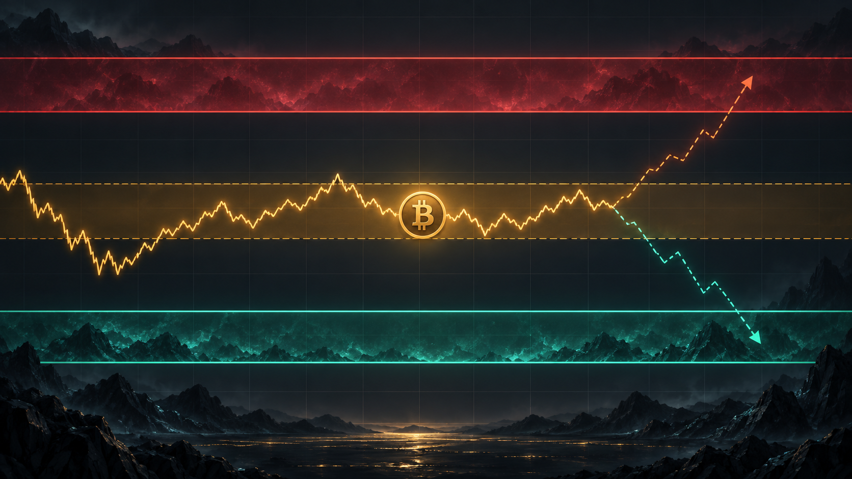 Bitcoin risk map with teal support below, an amber current-price corridor, and a red resistance wall above