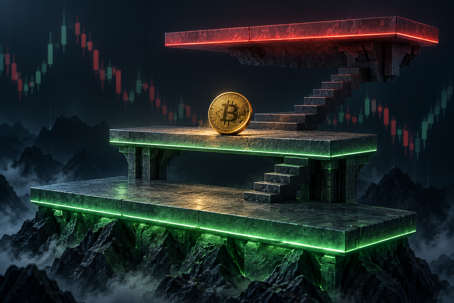 A Bitcoin coin tests the middle platform in a three-tier support and resistance structure