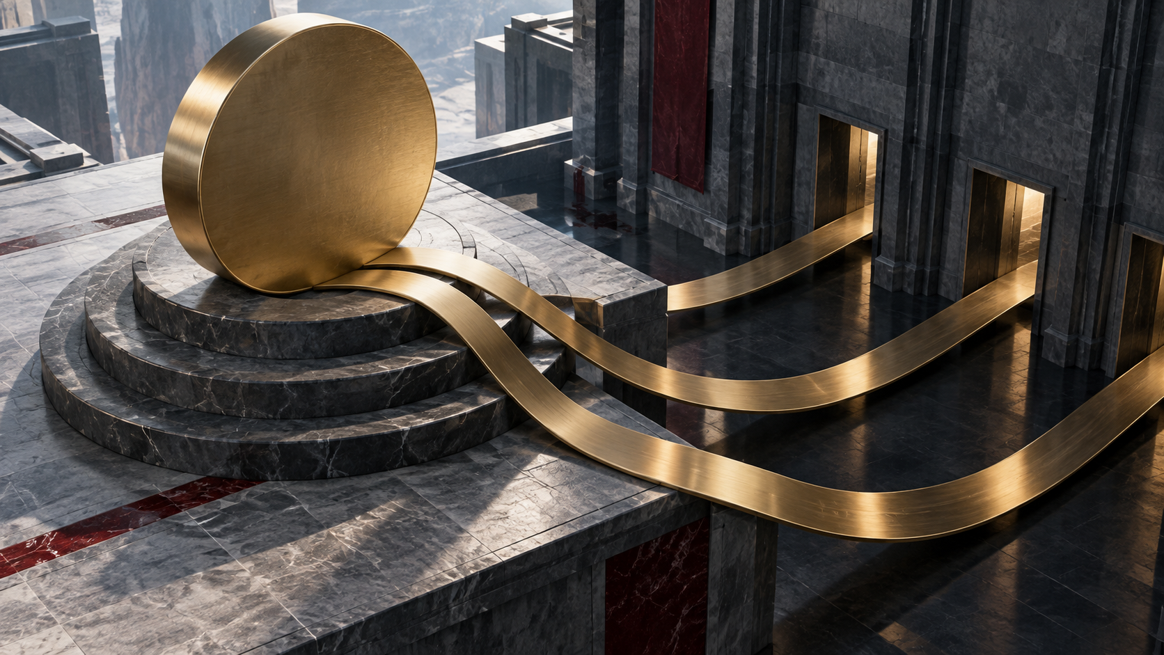 Conceptual editorial illustration of three blank metallic outflow paths leaving a stable circular asset platform.