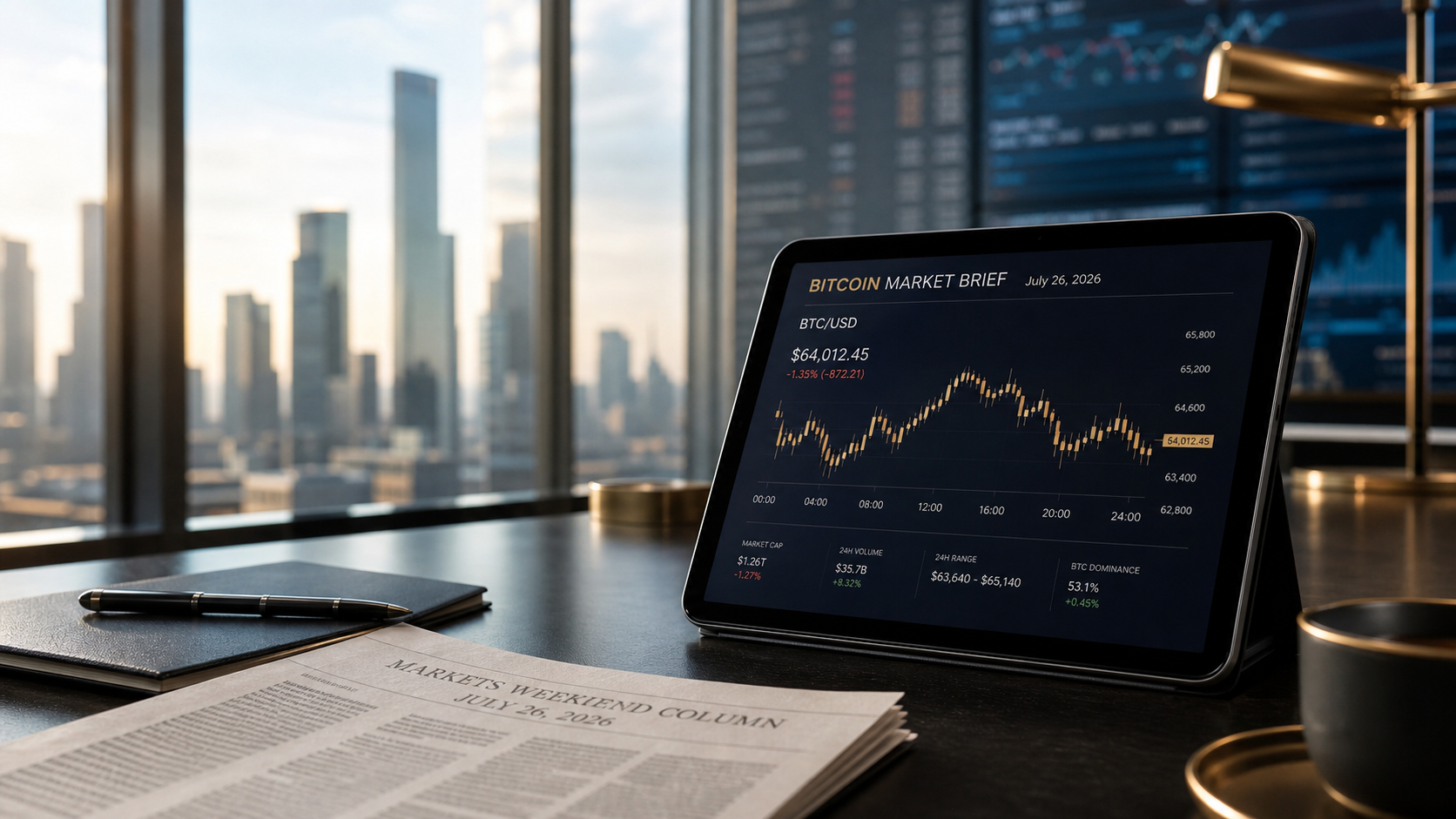 Modern financial-column style hero showing a Bitcoin market brief on a desk with BTC near $64K