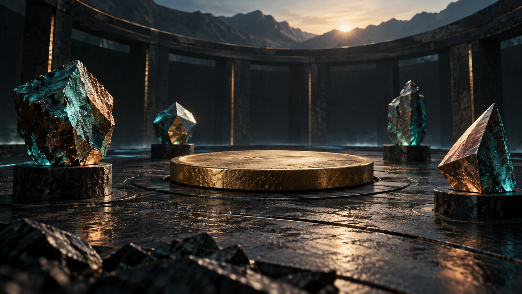 Conceptual editorial illustration of four illuminated mineral forms gaining strength around a level central market disc.