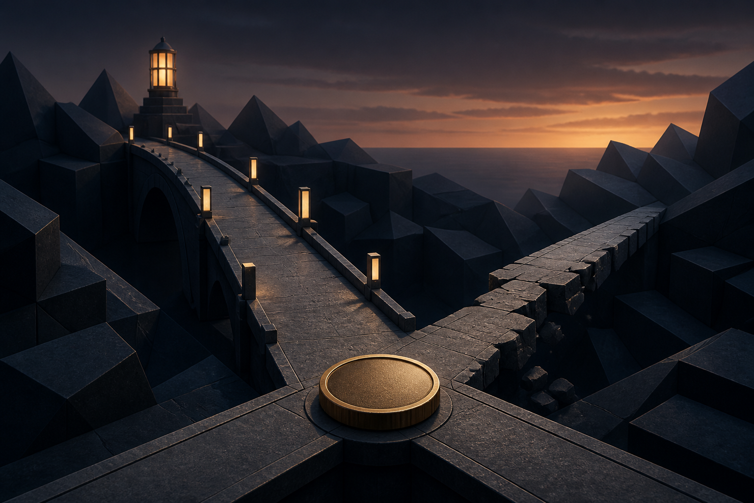 Editorial illustration of two diverging market-decision paths, one intact and one broken, lit by a neutral beacon.