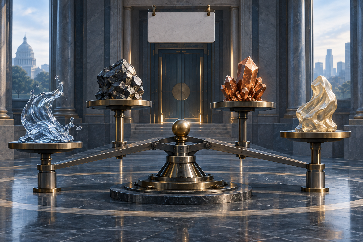 Editorial illustration of four distinct unbranded mineral-metal assets on a mechanical balance before a blank macroeconomic calendar gate.
