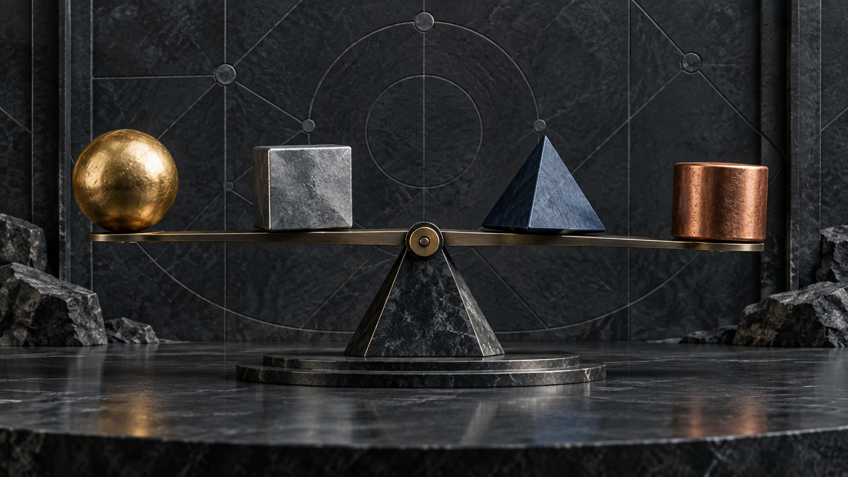 Editorial illustration of four unmarked metallic forms on a precision balance, representing a cautious check of liquid-altcoin market breadth.