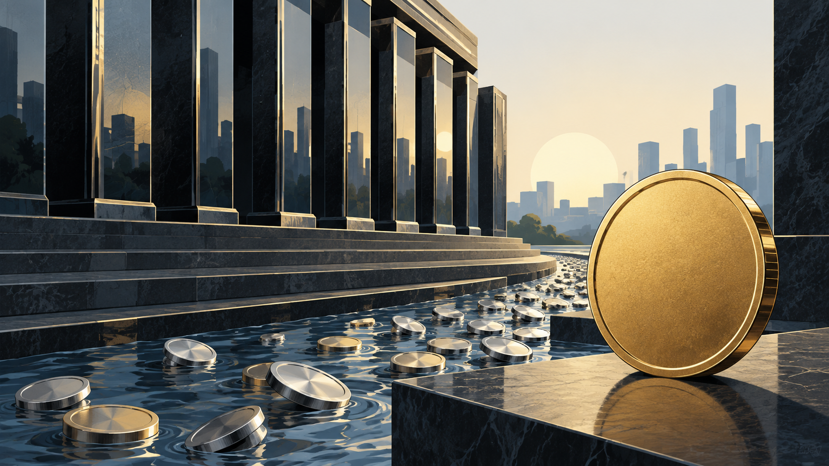 Editorial illustration of four unmarked metallic geometric forms on a dark grid, representing a check of liquid-altcoin market breadth.