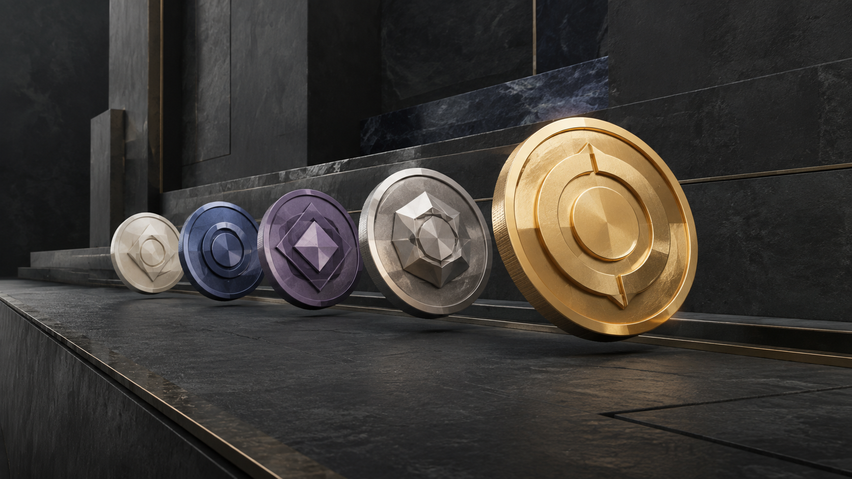 Editorial illustration of five unbranded geometric market tokens arranged across a sober architectural corridor.