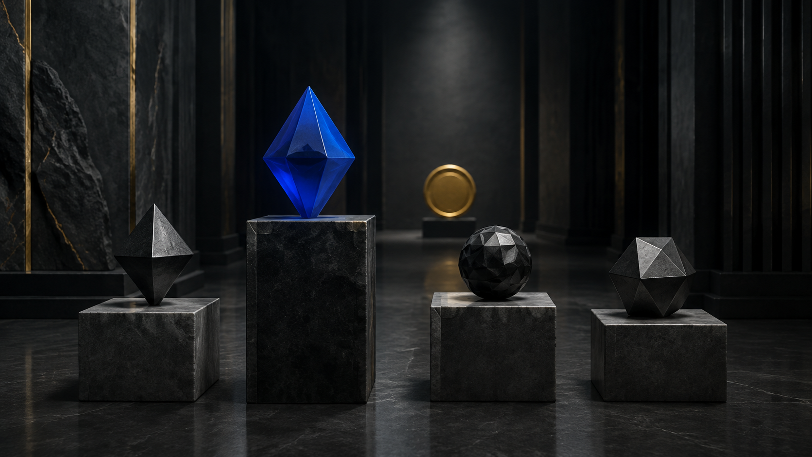 Editorial illustration of four unbranded geometric token forms showing selective market participation.