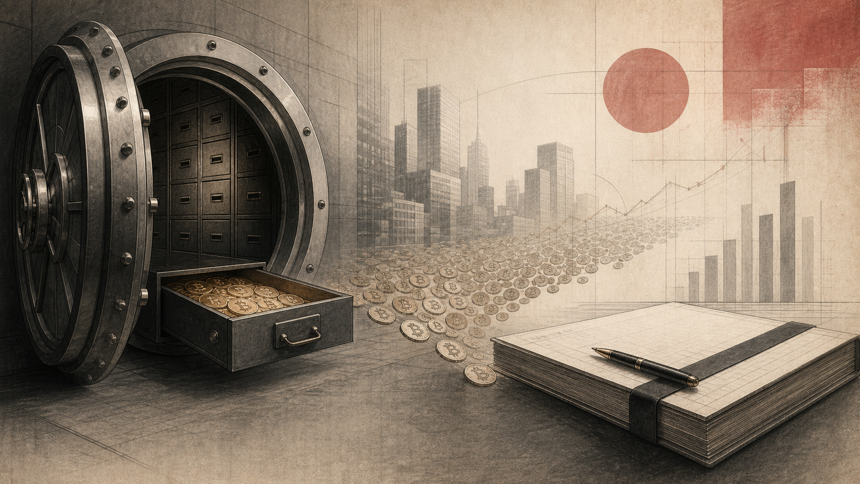 An elegant financial column illustration of a corporate Bitcoin treasury drawer opening into a cash reserve