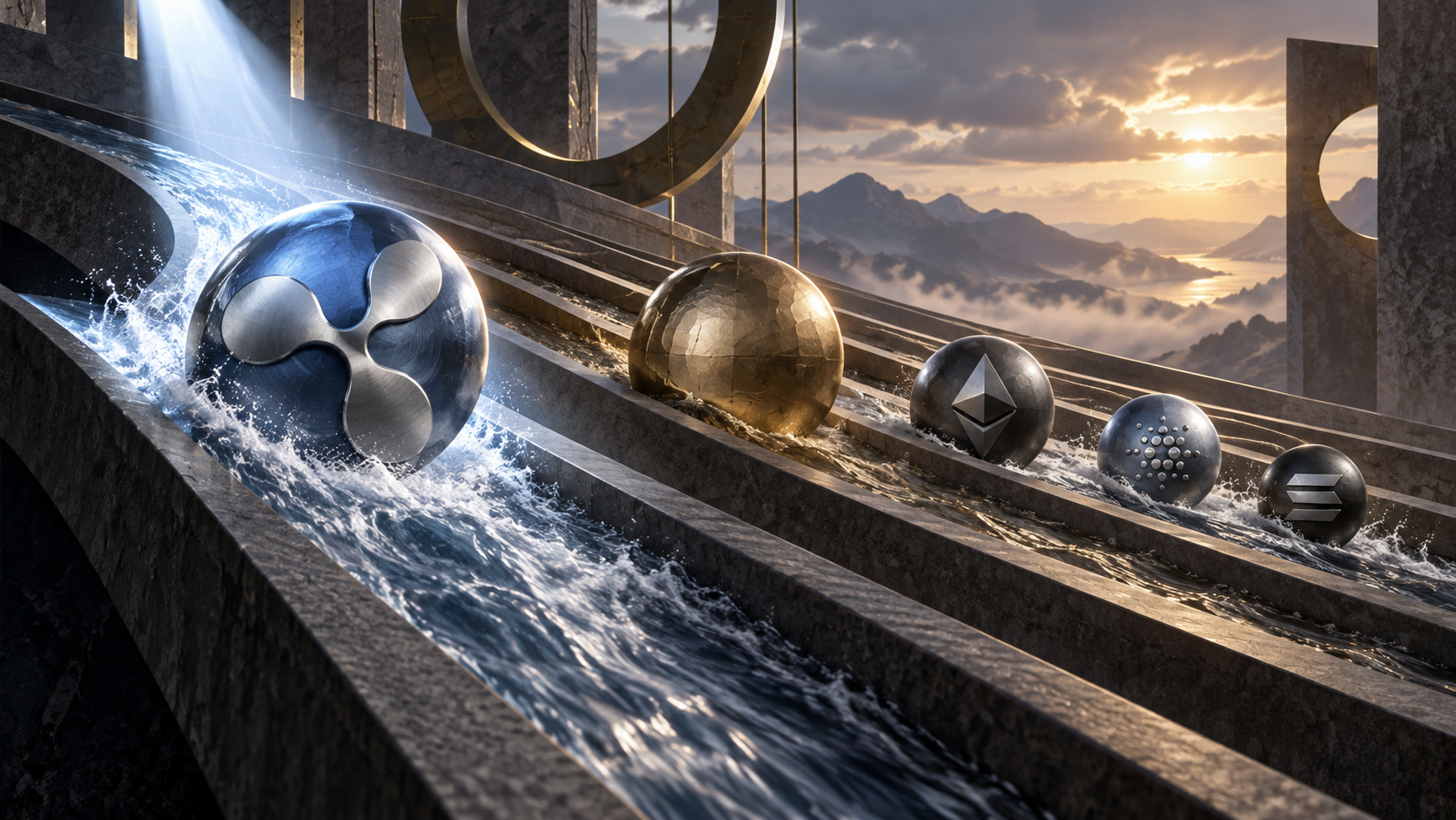 Financial-editorial illustration of a silver wave form leading several liquid crypto assets through separate capital channels.